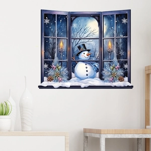 3D Christmas Snowman Window View Wall Sticker PVC Waterproof Removable Winter Decal For Home Living Room Bedroom Decor