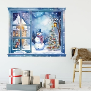 3D Christmas snowman window wall sticker with festive winter tree and lamp post