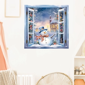 3D Falsches Fenster Schneemann Wandaufkleber Winter Schneelandschaft Wasserdicht PVC Abnehmbares Wandtattoo Für Kinderzimmer Dekor