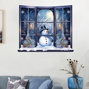 Macro detail of a 3D winter snowman window wall sticker in a cozy living room scene