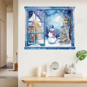 Detailed view of snowman window wall sticker in a modern living room interior setup