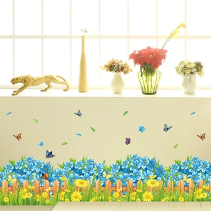 Pastel garden wall stickers with blue yellow flowers and wooden fence for home decor