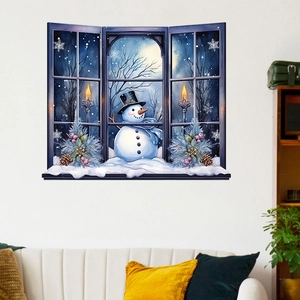 3D Christmas window wall sticker featuring a snowman with candles for home wall decor