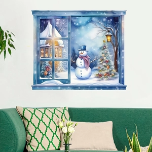 Detailed 3D window wall sticker featuring a snowman and Christmas tree in a cozy living room