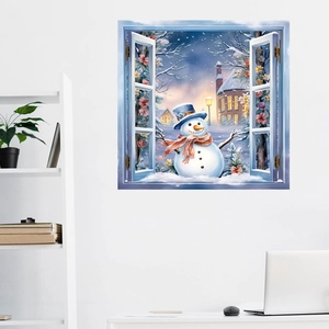 3D Fenster Wandtattoo mit Schneemann und Winterlandschaft für Heimbüro Wanddekoration