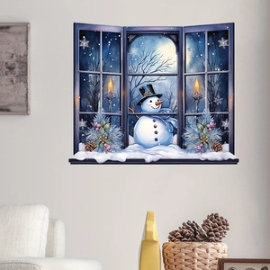 3D Christmas snowman window wall sticker with winter forest landscape and candles