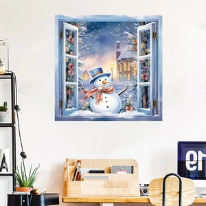 Moderne Wohnzimmerwand mit 3D-Fensteraufkleber mit einem süßen Winter-Schneemann-Motiv