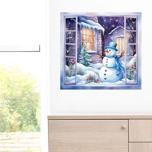 3D snowman window wall sticker with blue hat for cozy winter home interior decor
