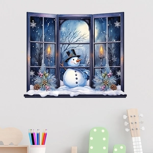 3D snowman window wall sticker with winter forest scene for festive home decor