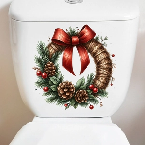 Adesivo murale ghirlanda di Natale con fiocco rosso e pigne per decorazioni festive