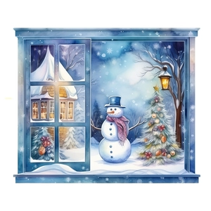 Winter snowman window wall sticker with Christmas tree and warm street lamp decor