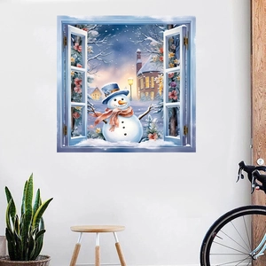 Detailansicht 3D-Schneemann Fensterwandaufkleber mit Winterlandschaft auf weißer Wand