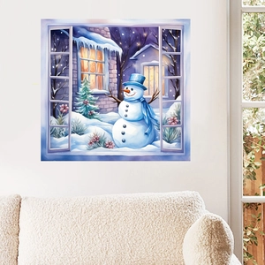Winter snowman window wall sticker with purple frame and snowy landscape for home decor