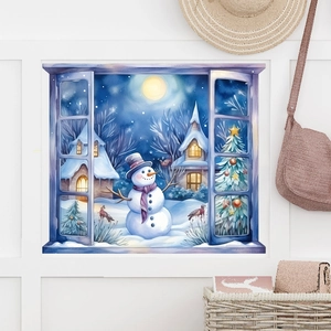 Winter snowman and snowy cabin wall sticker with a full moon for home decoration