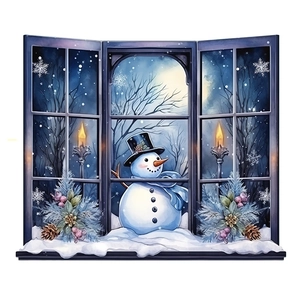 Christmas snowman window wall sticker with snowy forest and candles in three-pane view