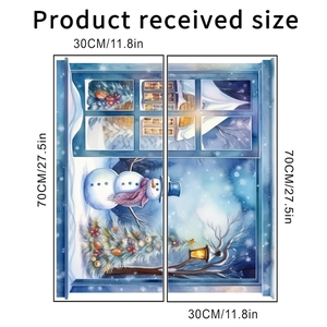Detail showing 30x70cm snowman and Christmas tree window stickers with watercolor art
