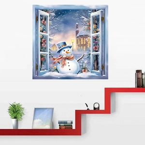 3D Winter-Fenster-Wandtattoo mit Schneemann für festliche Wohnzimmer-Wanddekoration