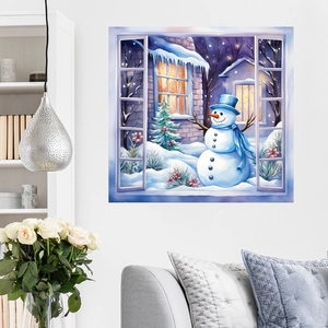 Christmas Snowman Window Wall Sticker PVC Waterproof Self Adhesive Winter Landscape Decal For Living Room Bedroom Home Decor