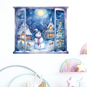 3D Window View Snowman Wall Sticker Christmas Snow Scene Winter Cabin Waterproof PVC Self Adhesive Removable Home Decor Decal