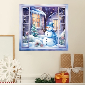 Detailed winter window wall sticker featuring a cute snowman with Christmas decor