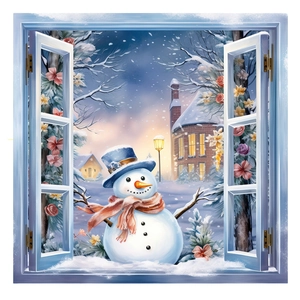 3D-Wandaufkleber-Detail mit Schneemann-Winterszene durch ein blaues Fenstergitter
