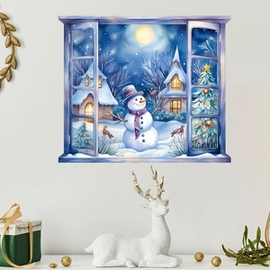Detail showing 3D snowman window wall sticker with cozy Christmas night scenery