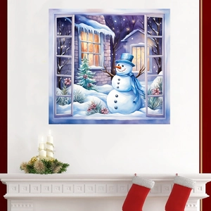 Cozy winter window wall sticker featuring a snowman, snowy cabin, and Christmas decor