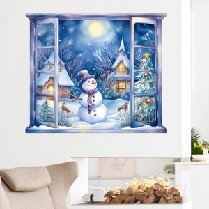 3D winter snowman window view wall sticker with snowy cabin and Christmas tree decor