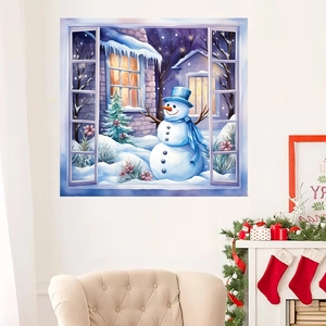 Winter snowman watercolor window wall sticker in a modern living room setting
