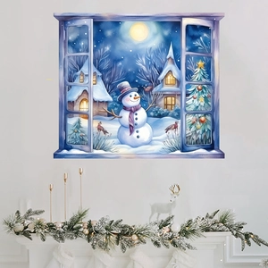 Detailed view of a 3D window wall sticker with a watercolor snowman and winter landscape