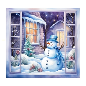 Winter snowman wall sticker through window frame view for cozy home decoration
