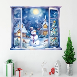 3D winter snowman window wall sticker with snowy landscape and festive decor for home