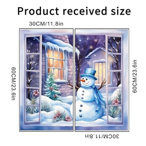 Size chart showing two snowman window stickers, each measuring 30cm by 60cm for Christmas