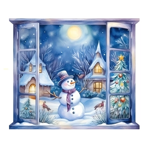 Winter snowman window view wall sticker with 3D snowy landscape and Christmas tree
