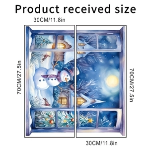 Detail showing two pieces of watercolor snowman window wall stickers with dimensions