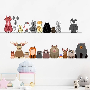 Stickers Muraux Animaux de la Forêt Dessin Animé Imperméable PVC DIY Chats Cerf Ours Décalcomanie Amovible pour Chambre d'Enfant Salon Décor