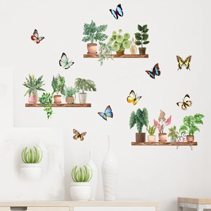 Waterproof wall decals featuring watercolor potted plants and colorful butterflies on shelves