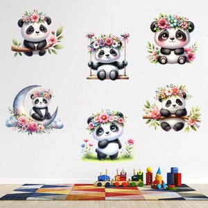 Watercolor cartoon panda wall stickers set with flower wreaths for kids nursery wall decor