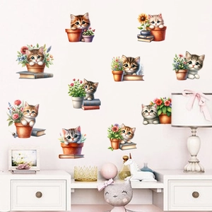 Cartoon Kitten Sunflower Potted Plant Wall Stickers For Kids Room Bedroom PVC Self Adhesive Waterproof Home Decor Mural