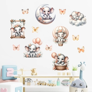 Cartoon Elephant Wall Stickers Hot Air Balloon Swing Butterflies PVC Waterproof Decals For Kids Nursery Bedroom Home Decor