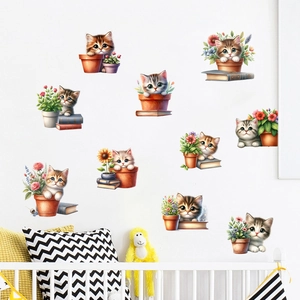 Adhesive wall stickers featuring cute kittens with potted plants and sunflowers