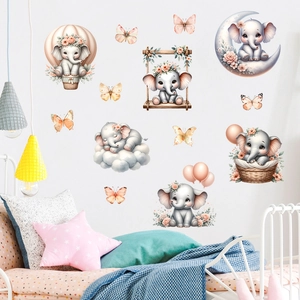 Watercolor baby elephant wall stickers with hot air balloon and swing for girl nursery room