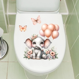Adhesive waterproof wall sticker with cute pink elephant, balloons and butterflies decor