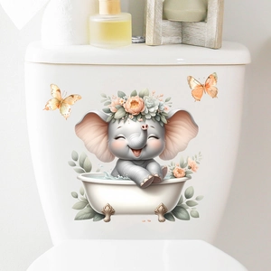 Détail de l'autocollant mural éléphant étanche appliqué sur un réservoir de WC blanc