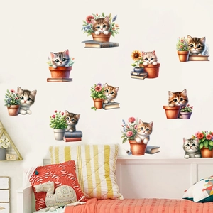 Vibrant cat and flower potted plant wall decals for cozy living room and bedroom decor