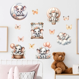Cute elephant wall stickers set with butterflies and hot air balloon for kids room decor