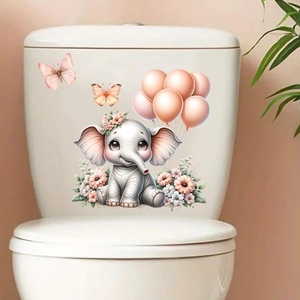 Detail of waterproof wall sticker with cute elephant and butterflies on a white ceramic surface