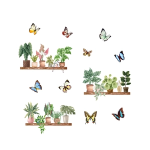 Watercolour butterfly and potted plant wall stickers set with monstera for home decoration
