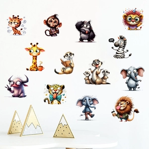 Detailed cartoon animal wall decals featuring giraffes and lions for kids' room decor