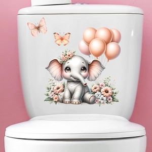 Self-adhesive wall sticker featuring a cute cartoon elephant with balloons and flowers